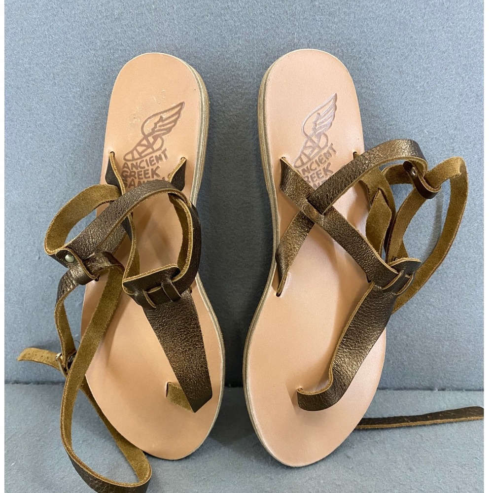 Ancient Greek Sandals Bronze Metallic Leather Ankle Wrap Gladiator Sandals 39